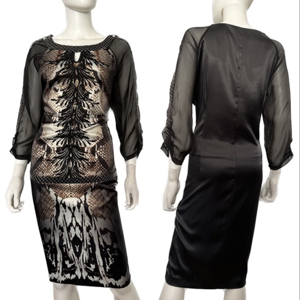 WOMEN PLUS SIZE SATIN DRESS BLACK FORMAL 3/4 RAGLAN SLEEVES ANIMAL‎ PRINT GOWN